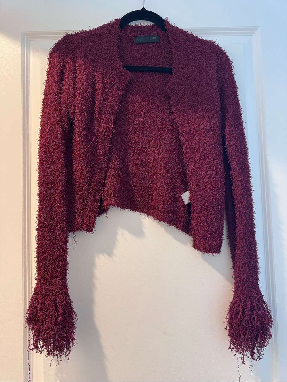Zara Burgundy Textured Cropped Teddy Jacket